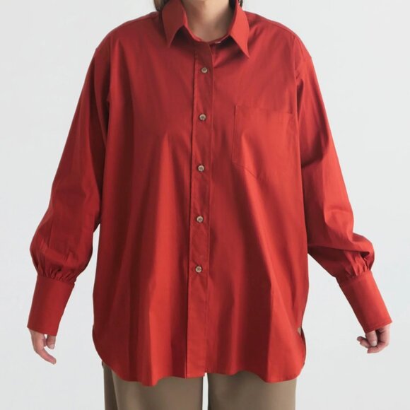 SLOAN O/S Oversized Crisp, Khaki Button-down Boyfriend Shirt - Picture 8 of 8